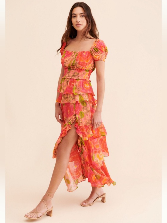 FARM Rio Dresses & Skirts - FARM Rio Blooming Floral Maxi Dress, Vibrant Coral, Front Slit, Smocked Bodice M
